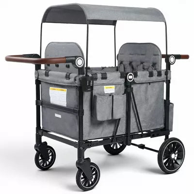 Kinder King All-Terrain Stroller Wagon for 4 Kids with Canopy, Shock-Absorbing Wheels, Snack Tray, Storage Bag & Adjustable Handle, Gray