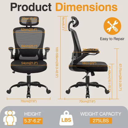 KERDOM High Back Ergonomic Office Chair, Breathable Mesh Desk Chair with Headrest and Flip-up Arms for Office, Black
