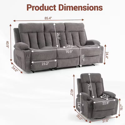 Bosmiller Manual Recliner Sofa Set, 3 Piece Reclining Living Room Furniture Sets with Cup Holders for Home Theater, Office (Grey, Sofa+Chair+Chair)
