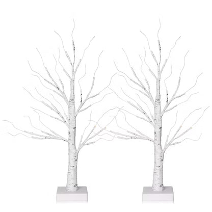 DR.Planzen 24" White Birch Christmas Tree Set of 2, LED Lighted Artificial Mini Trees with Warm Lights, Gift Card Display Trees for Home Holiday Decor