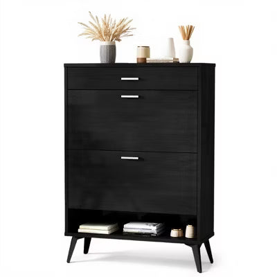 Hooseng Wooden Shoe Cabinet with 2 Flip Drawers, Modern Shoe Storage Organizer Unit with Adjustable Panel, Holds 12 Pairs of Shoes, Freestanding