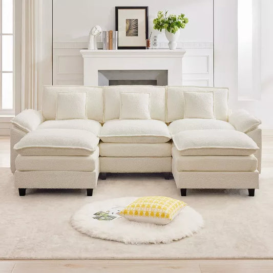 HYLEORY Chenille Fabric Pillow Top Arm U-Shaped Sectional Sofa , Indoor Convertible Modular Sectional Sofa Set with 2 Ottomans for Living Room