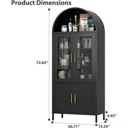 SUXXAN Metal Display Cabinet With Glass Doors And Adjustable Shelves, Modern Freestanding Arched Cabinet,Assembly Required