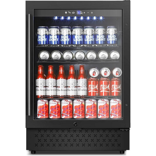 Tylza Beverage Refrigerator 24 Inch, Under Counter/Freestanding Drink Fridge, 190 Cans Beverage Cooler with Glass Reversible Door, ETC, Black