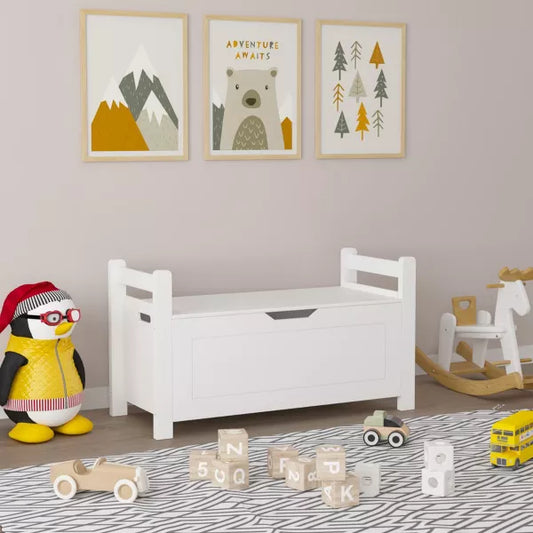 Kids Toy Box Chest, White Rubber Wood Toy Box for Boys Girls, Large Storage Cabinet with Flip-Top Lid/Safety Hinge