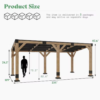 AMERLIFE 10 x 20 FT Solid Wood Gazebo with Metal Hardtop, Grill Canopy Pergola, Natural Spruce