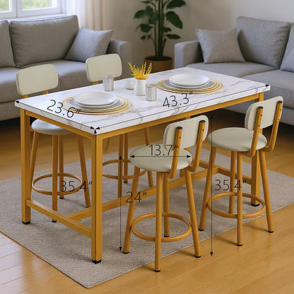 Hooseng Modern Farmhouse Style 5 Piece Dining Table Set with MDF Top, Metal Frame and Upholstered Bar Stools, 4-Person Dining Room Table Set for 2