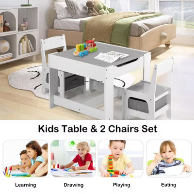 TODECARE Kids Wooden Table and 2 Chairs Set with Storage Drawers, Detachable Tabletop and Activity Surface, Gray