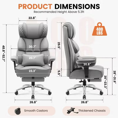 KERDOM Big and Tall Leather Chair with Footrest, Wide Ergonomic Comfy High Back Executive Chairs With Lumbar Support, Gray