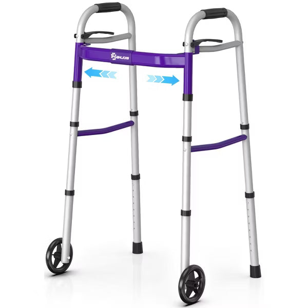 WHLICKS Lightweight Walker for Seniors, Folding Aluminum Mobility Walker with Wheels, Adjustable Height Narrow Walker for Elderly, Purple