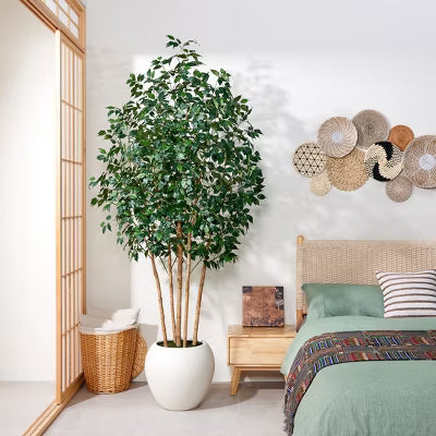 8FT Artificial Ficus Tree with Natural Wood Trunk and Silk Leaves, Large Fake Potted Tree with White Planter, Faux Tree for Office Home Decor