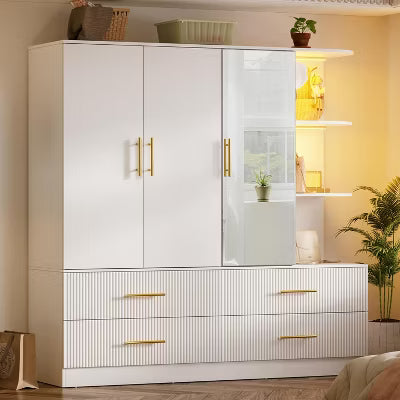 PAKASEPT 63" W Armoire Wardrobe Closet, 71" H Armoire Closet with 3 Door, LED Lights, Hanging Rod and 4 Drawers, Freestanding Wooden Wardrobe Closets