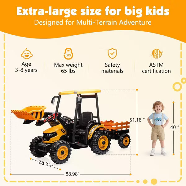 AMERLIFE 24V Kids Ride-On Tractor with Trailer & Front Loader, 3-in-1 Electric Construction Vehicle with Dual Motors, LED Lights & Terrain Wheels