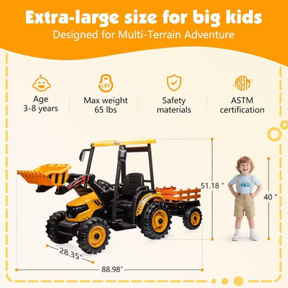 AMERLIFE 24V Kids Ride-On Tractor with Trailer & Front Loader, 3-in-1 Electric Construction Vehicle with Dual Motors, LED Lights & Terrain Wheels