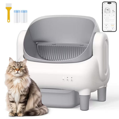 Cumrige Self Cleaning Litter Box Open Top Automatic Litter Box with App Control for Multiple Cats Grey