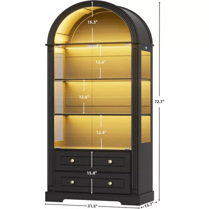 PAKASEPT 73'' Tall 4-Tier Arched Display Cabinet with Glass Doors, Curio Cabinet with LED Lights for Collectibles Bookcase, Arched Pantry Cabinet