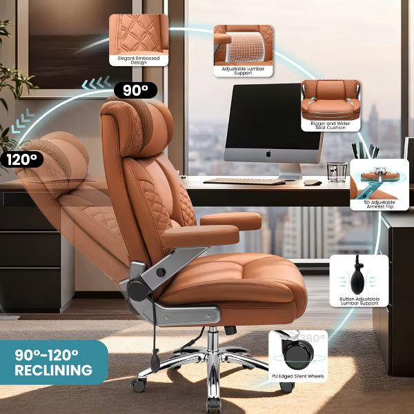 KERDOM Big and Tall Executive Office Chair, 500LBS PU Leather Desk Chair with 5D Adjustable Armrest, 90°-120° Reclining Home Computer Chair,Brown