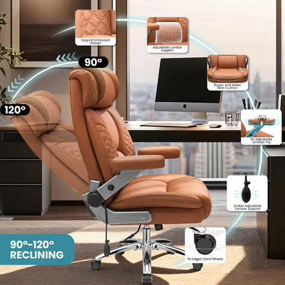 KERDOM Big and Tall Executive Office Chair, 500LBS PU Leather Desk Chair with 5D Adjustable Armrest, 90°-120° Reclining Home Computer Chair,Brown