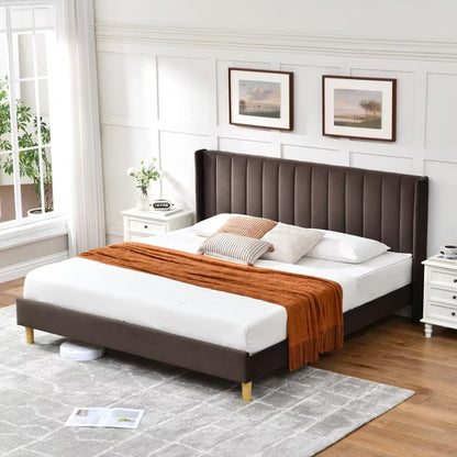 King Size Elegant Upholstered Platform Bed with Vertical Channel Tufted Headboard No Box Spring Needed Noise-Free Easy Assembly,Brown