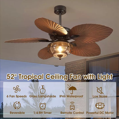 52 Inches Tropical Palm Leaf Waterproof Ceiling Fans with Lights and Remote/APP Reversible 6 Speeds