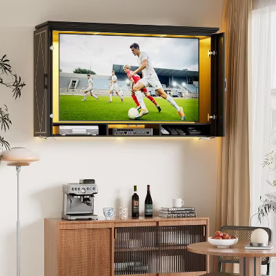 PAKASEPT Outdoor TV Enclosure, 55" Solid Wood Weatherproof TV Cover with Premium Dual-Arm Mount, Fold Door and Lights, (Fits Max 58")