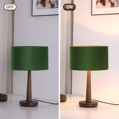 18.5" Walnut Tapered Wood Table Lamp with Green Velvet Drum Shade for Bedside, Living Room, Reading Corner, Caf, Guest Lounge, or Hotel Room