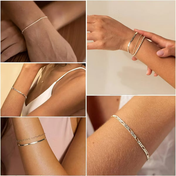 BRINJOY Exquisite 925 Silver-Plated Women's Bracelet Set Paperclip Box Herringbone Figaro Cord Chain Bracelet Fashion Set