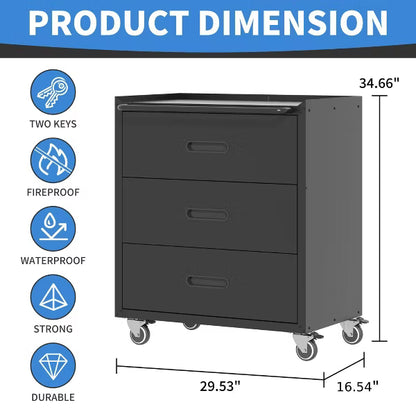 Munora - 3-Drawer Rolling Tool Cabinet with Workbench Top - 16.54"D x 29.53"W x 34.66"H - Black
