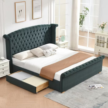 Upholstered Sleigh Bed with 2 Storage Drawers,Elegant Curved Headboard&Footboard,Soft Velvet,No Box Spring Needed,Easy Assembly
