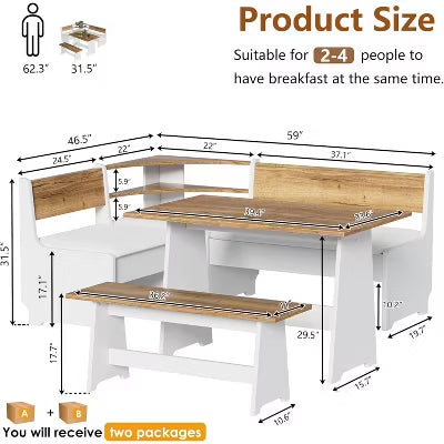 PAKASEPT Breakfast Nook Corner Dining Table Set with Cushion, L-Shape Kitchen Bench Chair Set with Hidden Storage, for 3-5 People