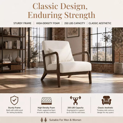 Mid Century Modern Accent Chair with Wood Frame – Cozy Reading Armchair for Living Room, Bedroom or Sunroom (Waist Cushion Included)