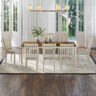 AMERLIFE Farmhouse Dining Set, 79" Solid Wood Table with 8 Upholstered Chairs, Roman-Style Tapered Legs, for Kitchen & Dining Room, Brown & White
