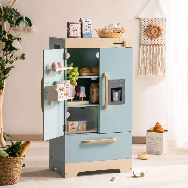 ROBOTIME Play Kitchen for Toddlers,Fridge Refrigerator with Ice Dispenser,Wooden Kids Kitchen Playset Toy,Gift for Ages 3+, Blue, 18"*11"*40.5"