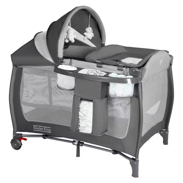 Kinder King 4-in-1 Portable Pack 'n Play with Bassinet, Changing Table, Adjustable Canopy, Storage Basket & Travel Bag – Infant to Toddler Playard