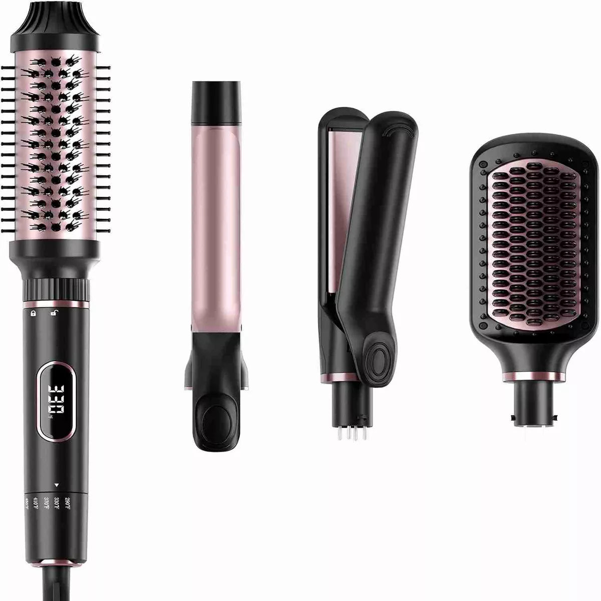 NICEBAY 4-in-1 Hair Tool set - Hair Straightening Brush, Thermal Brush, Flat Iron & 1" Ceramic Curling Iron, 5 Temps, Fast Heating, Dual Voltage