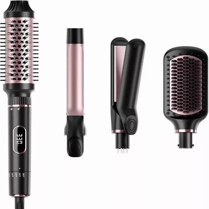 NICEBAY 4-in-1 Hair Tool set - Hair Straightening Brush, Thermal Brush, Flat Iron & 1" Ceramic Curling Iron, 5 Temps, Fast Heating, Dual Voltage