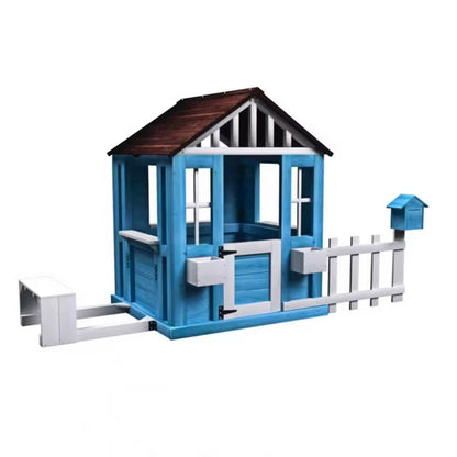 Wooden Kids Playhouse with Bench, Mailbox, Fence & Flower Pot Holder – Outdoor Backyard Cottage Play House, Gift for Boys Girls