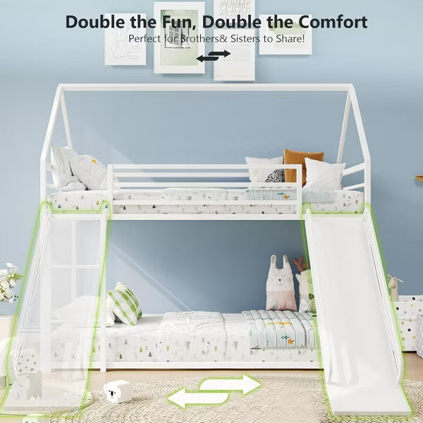 ELJGET Twin Over Twin Bunk Bed, Montessori Floor Bunk Bed Frame with Convertible Slide, Heavy Duty Metal Low Bed with House Shape and Roof for Kids