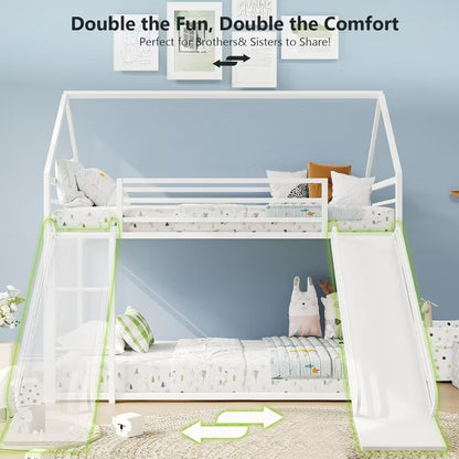 ELJGET Twin Over Twin Bunk Bed, Montessori Floor Bunk Bed Frame with Convertible Slide, Heavy Duty Metal Low Bed with House Shape and Roof for Kids
