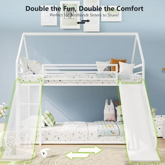 ELJGET Twin Over Twin Bunk Bed, Montessori Floor Bunk Bed Frame with Convertible Slide, Heavy Duty Metal Low Bed with House Shape and Roof for Kids