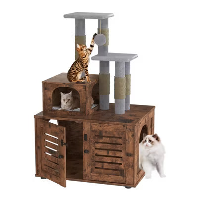 Hooseng Cat Litter Box Enclosure with Tree Tower and Condo, Hidden Washroom Wooden Cat Furniture with Sisal Scratching Post and Soft Plush Perch