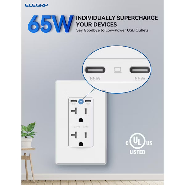 ELEGRP USB Outlets Receptacles, 65W Dual USB C Wall Outlet, Power Delivery 20 Amp Tamper Resistant Electrical Outlet, Wall Plate Included, UL Listed