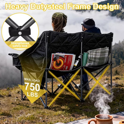 SUNSPIRE Double Oversized Camping Chair Folding Loveseat Padded Camping Couch with Cup Holder for Outdoor Beach Sports Fishing Black And Grey