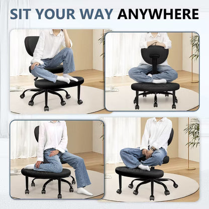 KERDOM Ergonomic Cross Desk chair, Height Adjustable Meditation Office Chair, 360° Swivel with Retractable Footrest, ADHD Chair,Black