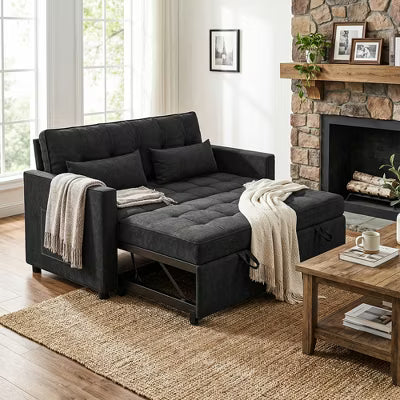 Resenkos 54 Inch Adjustable Backrest Sofa, Sofa Bed, Futon Sofa with Double Armrest and Pouch, Variable Bed for Living room, Bedroom, Black