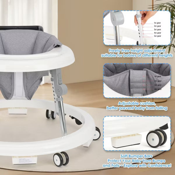 Kmaier Baby Walker Adjustable Height Foldable Toddler Walker with Wheels and Activity Tray for Boys and Girls,White