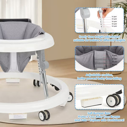 Kmaier Baby Walker Adjustable Height Foldable Toddler Walker with Wheels and Activity Tray for Boys and Girls,White