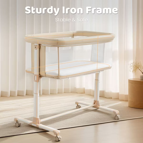 Kinder King Baby Bassinet with Wheels, Portable Newborn Bedside Sleeper, All-Sided Mesh Infant Crib with Removable Soft Mattress, Beige