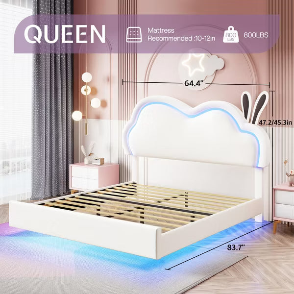 AMERLIFE LED Bed Frame for Girl Floating Upholstered Bed with Cute Cloud Headboard