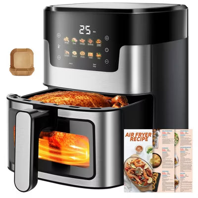 7.5QT Family-Size Air Fryer with Viewing Window & Light, 10-in-1 LED Touch Air Fryer Oven, Oil-Free Cooking, Nonstick Basket, 100 Liners Included